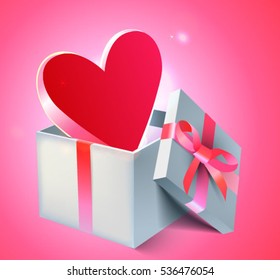 Lovely St.Valentine Day pink background with red heart in a gift box. Vector illustration. 3D realistic style. Fully editable