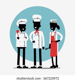 Lovely stylish abstract vector catering cuisine staff characters. Smiling restaurant chef kook with assistants silhouettes isolated. Culinary professionals standing full length 