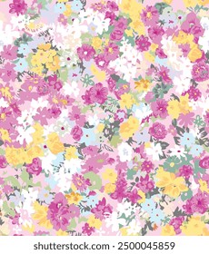 Lovely stylized small flowers in pink, blue, yellow, light blue tones. Cute designs suitable for sewing women's clothes. Summer flowers. Bright colors. Brilliant summer. Spring flower garden