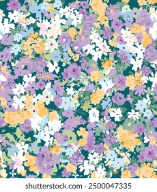 Lovely stylized small flowers in pink, green yellow, light blue, purple tones. Cute designs suitable for sewing women's clothes. Summer flowers. Bright colours. Brilliant summer. spring flower garden