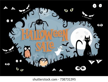lovely stylized vector poster for Halloween sale with text, 
cat, bat, spooky, pumpkin, hat, moon, cemetery and spider net. great
 poster for Halloween sale, discount and etc. easy to change text.