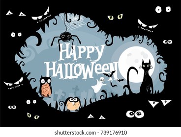 lovely stylized vector poster for Halloween Poster with text, 
cat, bat, spooky, pumpkin, hat, moon, cemetery and spider net. great
 poster for Halloween event invitation card, celebration party etc.