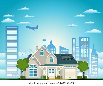 The lovely suburban house placed on the background of the city. Vector illustration. 
