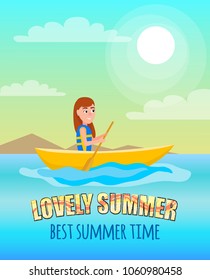 Lovely summer best summertime poster kayaking girl sitting in boat holding oar, kayaking and summer sport activity outside sport, vector at coastline