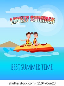 Lovely summer best summertime poster people in banana boat seasonal activity, fruit-shape vessel carries boy and girl cartoon vector illustration.