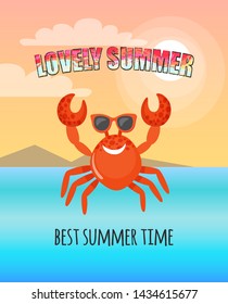 Lovely summer, best time greeting card. Red smiling crab with rising claws, character in glasses. Postcard decorated by cloudy sky and water vector