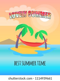Lovely summer best time poster with tropical landscape. Seashore and coconut palm trees, hammock relaxation place. Beach season vector illustration