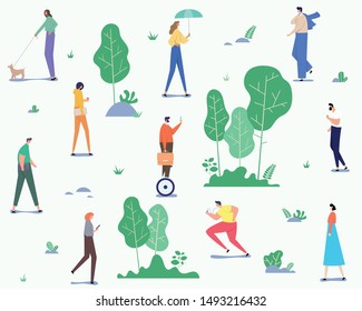 Lovely summer landscape pattern with group of people spending free time outdoors in park, enjoying nature, jogging and more. Flat vector concept illustration