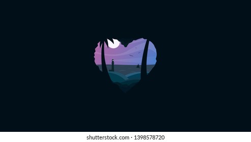 Lovely, summer night. Abstract, heart shaped rock with beach, sea, boat, watchtower, lighthouse, birds in the sky, full moon and palms. Heart, cave illustration. Isolated, vector EPS 10 file.