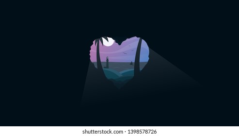 Lovely, summer night. Abstract, heart shaped rock with beach, sea, boat, watchtower, lighthouse, birds in the sky, full moon and palms. Heart, cave illustration.