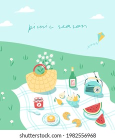 Lovely summer picnic scene in trendy cartoon style. Vector illustration of a straw bag, radio, flowers, fruits and desserts. Outdoor lunch on a lawn.