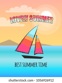 Lovely summer poster with print. Vector illustration of boat with colourful sails at sea against backdrop of light pink sky and mountains