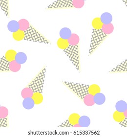 Lovely summer print with images of ice cream cones. Purple, pink and yellow scoops in waffle. Seamless pattern in pastel shades. Vector illustration EPS 8