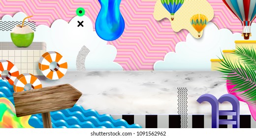 Lovely summer scene in paper art style, 3d illustration