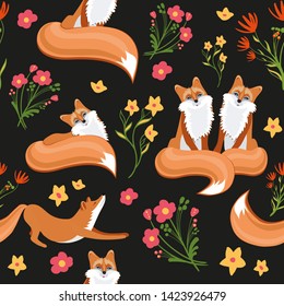 Lovely summer seamless pattern of flowers and fox