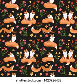 Lovely summer seamless pattern of flowers and fox