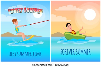 Lovely summer time colorful vector illustration, sunny weather, best water sports, kitesurfing and man on rubber donut forever summer fluffy clouds