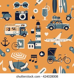 Lovely Summer Travel vector flat seamless pattern with road trip cars, plane, camera and more. Orange and blue color scheme. Ideal for wrapping paper, website background, wallpaper, fabric design