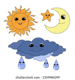 The lovely sun, moon, asterisk and thundercloud are smiling happily. A set of celestial objects. Vector illustration for children's books, designs and prints.