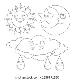 The lovely sun, moon, asterisk and thundercloud are smiling happily. A set of celestial objects. Vector illustration for children's coloring book or page, designs and prints.