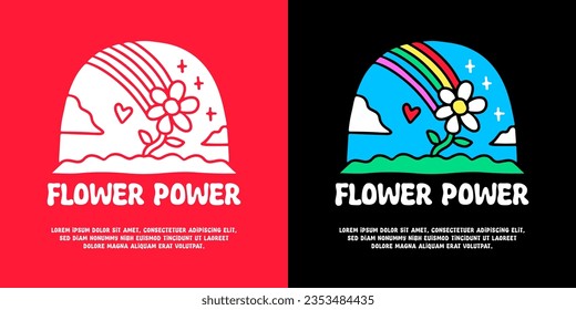 Lovely sunflower and rainbow with flower power typography, illustration for logo, t-shirt, sticker, or apparel merchandise. With doodle, retro, groovy, and cartoon style.