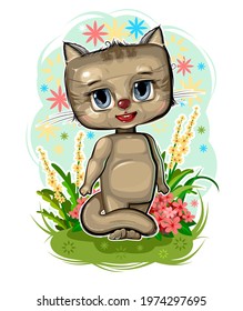Lovely sweet affectionate kind cat. Kitten in the meadow. Funny childish character. Cartoon style. Flat design. Cool animal. Isolated object on a white background. Vector