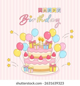 lovely and sweet birthday cake with strawberry gift and balloon for celebrating your birthday, vector illustration