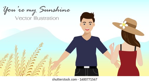 Lovely sweet couple. Young happy attractive man embracing, hugging,  his girlfriend. Isolated on beautiful scenic mountain valley and blue sky background. Vector Illustration. Idea for valentines day.