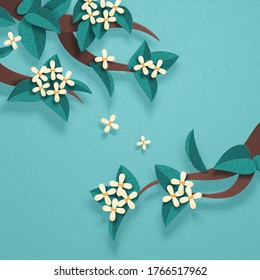 Lovely sweet osmanthus flowers branches in papercut style on light turquoise background