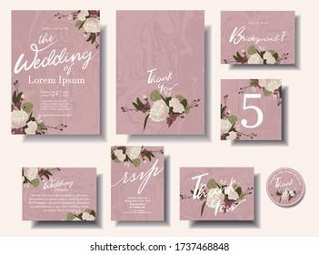 Lovely sweet pink wedding invitation card set, marble pattern decorated with floral writing pattern.rsvp.thank you card.number sign. Illustration/Vector