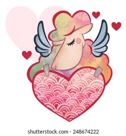 Lovely sweet sheep with pink heart for Valentines day. Watercolor painting