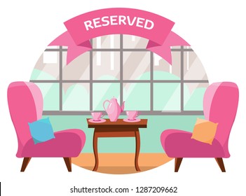 Lovely table in the cafe for two people near the panoramic window overlooking the city. On the table there are two pink cups and pot. The table is reserved. Flat cartoon vector illustration