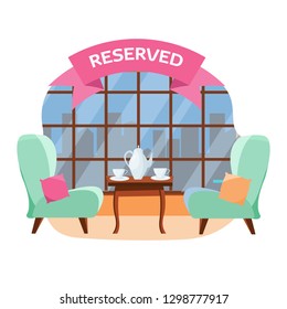 Lovely table in the cafe for two people near the panoramic window overlooking the city. On the table there are two pink cups and pot. The table is reserved. Flat cartoon vector illustration
