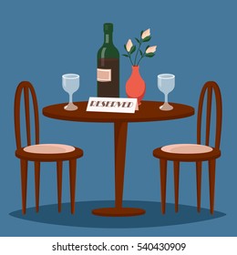 Lovely table in the restaurant. On the table there is a bottle of wine and two glasses. Romantic date. A meeting. The table is reserved. Vector cartoon illustration