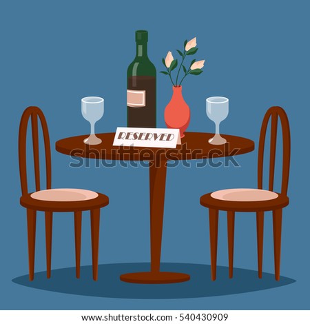 Lovely table in the restaurant. On the table there is a bottle of wine and two glasses. Romantic date. A meeting. The table is reserved. Vector cartoon illustration