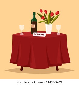 Lovely table in the restaurant for two people. On the table there are two glasses, a bottle of wine and a vase of flowers. The table is reserved. Vector cartoon illustration