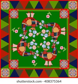 Lovely tablecloth or beautiful bandana with fairy birds and ornamental border. Vector image. Quilt or  Kerchief square pattern design style for print. Multicolor silk neck scarf.