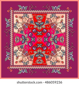 Lovely tablecloth with birds and flowers. Beautiful ethnic vector ornament. Card, bandana print, kerchief design, napkin - 3.
