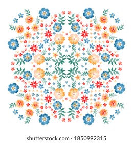 Lovely tablecloth with colorful embroidery flowers on white background. Print for bandana, silk neck scarf, square kerchief. 