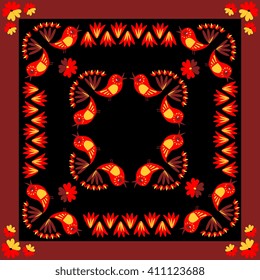 Lovely tablecloth with cute colorful birds and flowers. Vector image.  Ethnic bandana print.