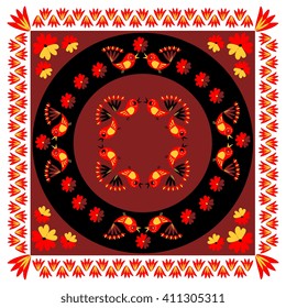 Lovely tablecloth with cute colorful birds and flowers. Vector image.  Ethnic bandana print.