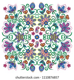 Lovely tablecloth ethnic indian flowers. Beautiful vector ornament. Card, bandana print, kerchief design, napkin. Pastel pink blue beige ornate pattern on white. Ready for print.