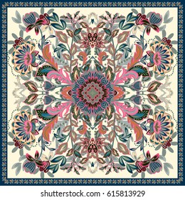 Lovely tablecloth ethnic indian flowers. Beautiful vector ornament. Card, bandana print, kerchief design, napkin. Pastel pink blue beige ornate pattern on white. Ready for print.