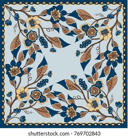 Lovely tablecloth ethnic indian flowers. Beautiful vector ornament. Card, bandana print, kerchief design, napkin. Dark blue beige ornate pattern on pastel vlue. Ready for print.