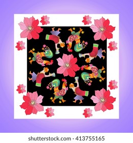 Lovely tablecloth or kerchief. Bandana print or silk neck scarf with beautiful ornament from flowers and fairy birds. Vector illustration. Year of the rooster.