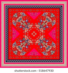 Lovely tablecloth in oriental style with ornamental border. Bright indian scarf with unusual floral pattern. Cover.
