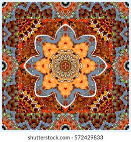 Lovely tablecloth or square carpet with rosette and ornamental frame. Moroccan, arabic, indian motives. Beautiful vector illustration.