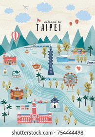 Lovely Taiwan travel concept, hand drawn style illustration with famous attractions in Taipei