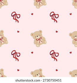 Lovely Teddy Bear with Red Bows and Hearts Seamless Pattern on Pink Background
