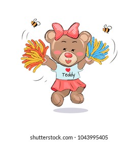 Lovely teddy girl in cheerleading uniform with poms in hands and bees helpers above vector illustration of sportive bear cartoon character isolated